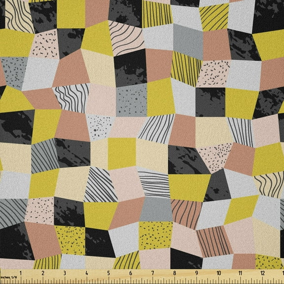 Ambesonne Modern Fabric by the Yard Microfiber, Memphis Geometric Design, 2 Yards, Mustard Pale Rust and Grey