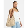 thumbnail image 5 of No Boundaries Women's Faux Suede Studded Moto Hobo Bag, Beige, 5 of 6