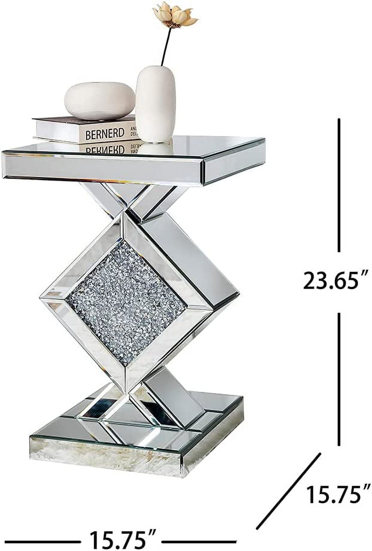 SHYFOY Mirrored End Table with Crushed Crystals Inlay, Sofa Table Modern Side Table Silver Accent Table for Living Room