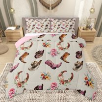 Castle Fairy Western Cowgirl Boots Hats Bedding Comforter Set 2pcs for Teens,Southwestern Vintage Horseshoe Twin Comforter Sets Microfiber,Chic Floral Flowers Breathable Bedding Set