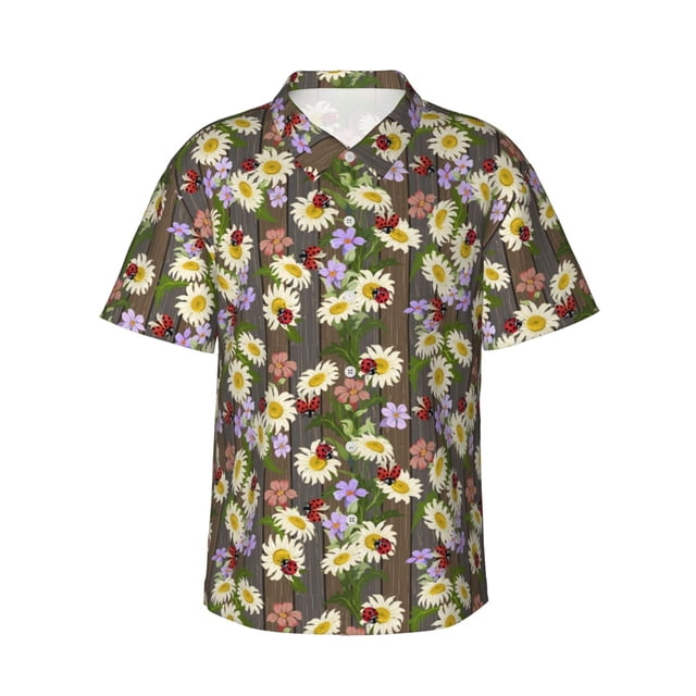 Fotbe Ladybugs And Flowers On A Wooden Camisa Hawaiana para Hombre Unisex – Camisa Casual de Verano con Botones de Manga Corta de Algodón y Lino,X-Large