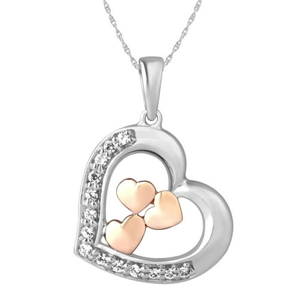 Diamond Floating Angled Heart Pendant in Sterling Silver and 14 Karat Rose Gold