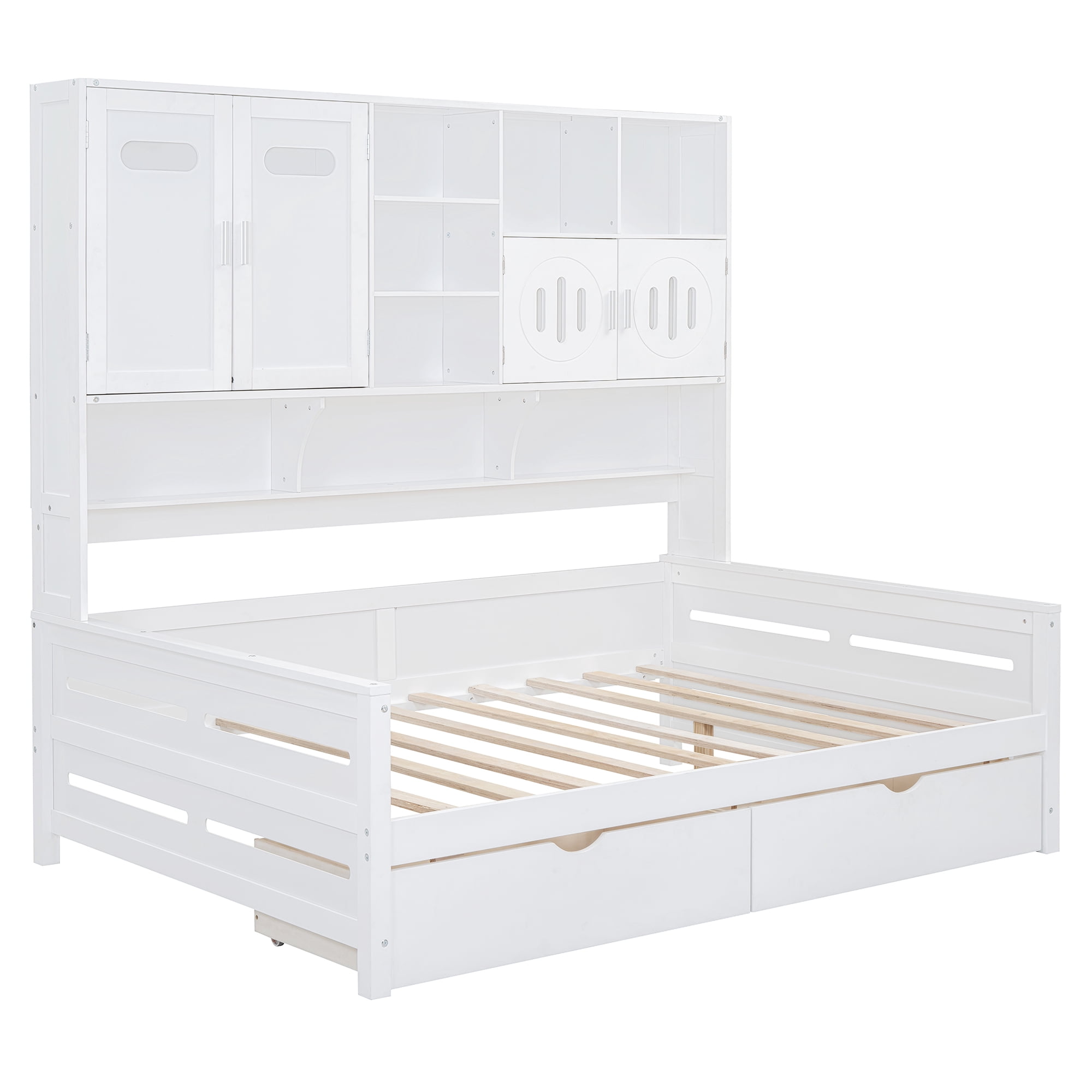 Mintazer Full Platform Bed with Side Bookcase & 2 Drawers and 2 Cabinets, All-in-one Wood Storage Daybed Frame for Kids Teens Bedroom Playroom Guest Room, White