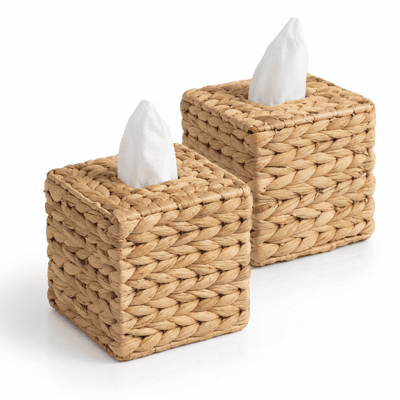 Tissue Box Cover Water Hyacinth Tissue Box Sqaure Tissue Holder Woven Tissue Cover Wicker Cube Tissue Box Holder for Bathroom Toilet Table Desk Home Office Car