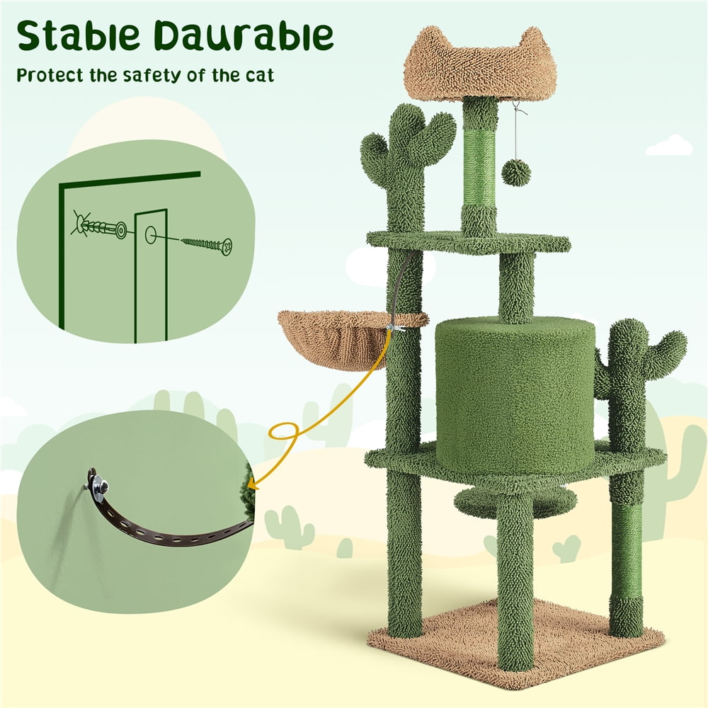 Yaheetech 53.1'' H Cat Tree Condo with Scratching Posts & Hanging Ball, Green/Brown