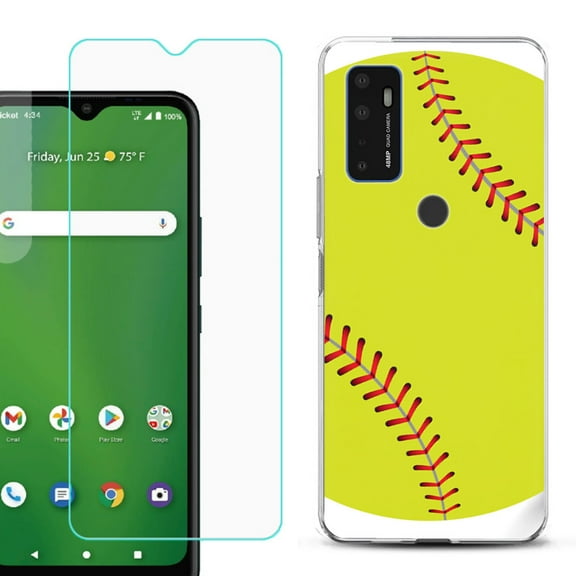 Slim-Fit Gel TPU Phone Case for Cricket Dream 5G, with Tempered Glass Screen Protector, by OneToughShield ® - Softball Green