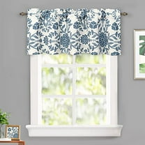 DriftAway Twyla Linen Blend Blackout Valance for Kitchen with Bottom Pom Pom Trim Boho Floral Printed Lined Rod Pocket Room Darkening Linen Curtain for Living Room Bedroom 52x15 Inch Ivory Navy