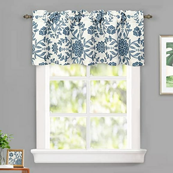 DriftAway Twyla Linen Blend Blackout Valance for Kitchen with Bottom Pom Pom Trim Boho Floral Printed Lined Rod Pocket Room Darkening Linen Curtain for Living Room Bedroom 52x15 Inch Ivory Navy