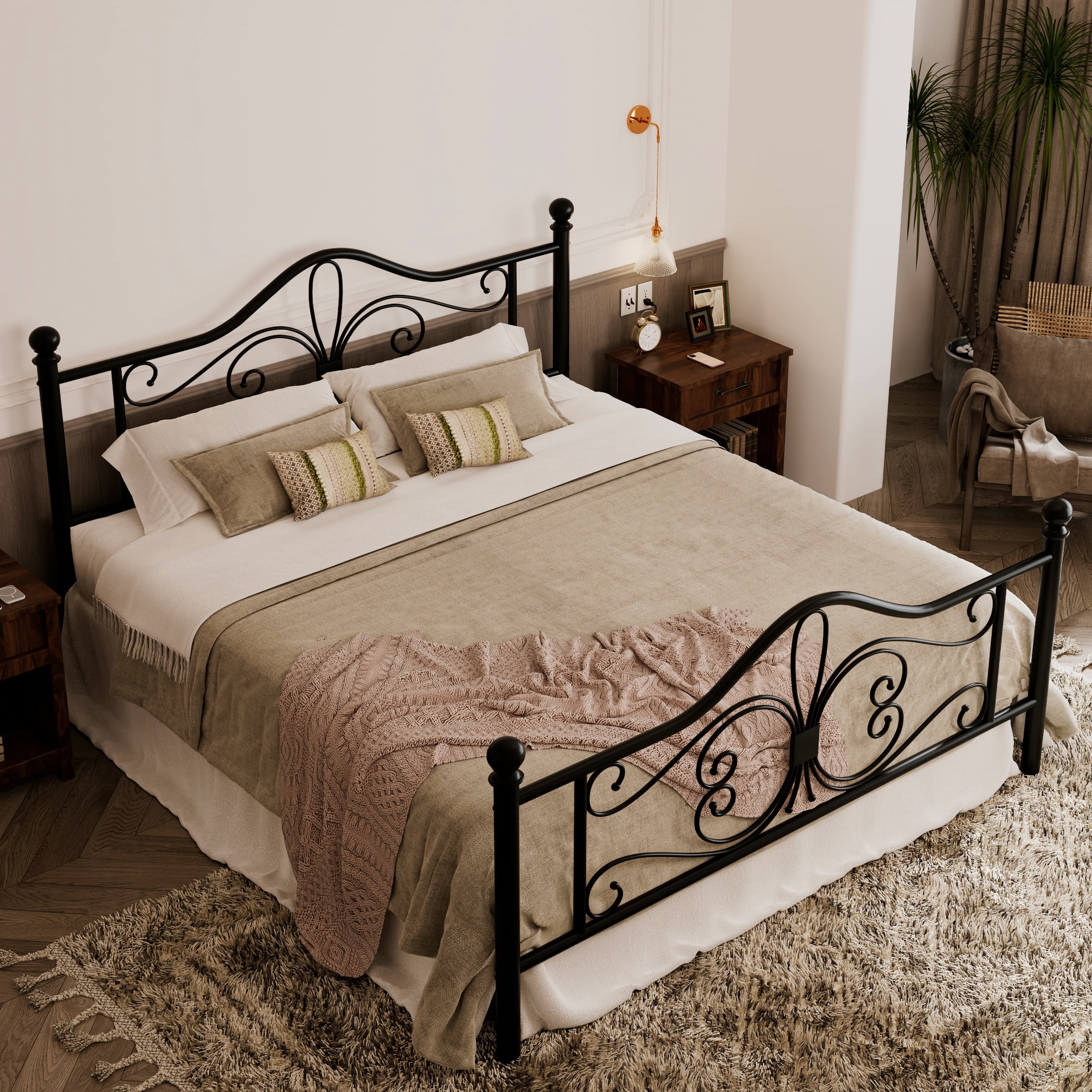 Allewie Queen Size Vintage Metal Bed Frame with Butterfly Pattern Design Headboard & Footboard, Black