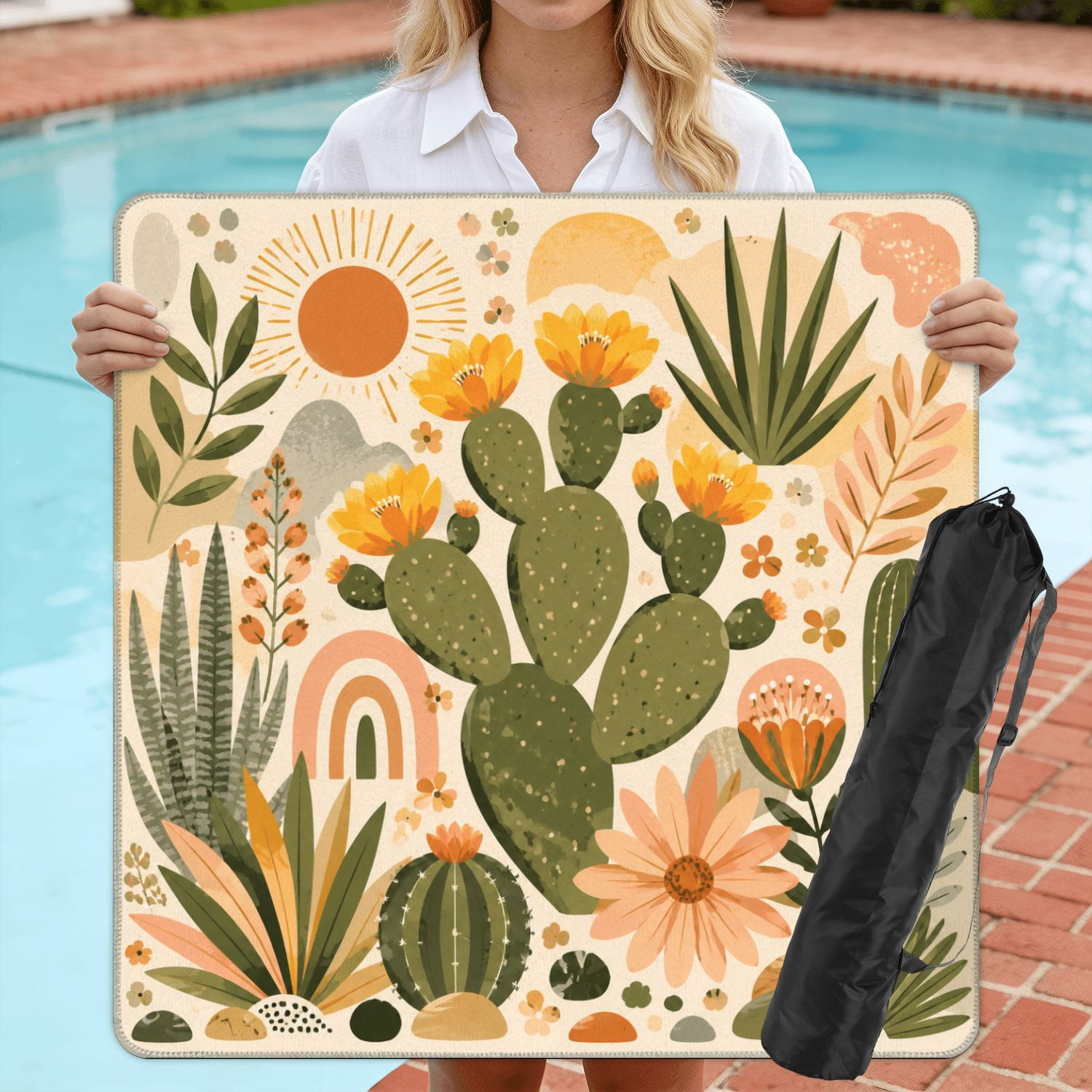 Mahjong Mat 31.5" x 31.5" Abstract Cactus Floral Earthy Orange Green Palette Non-Slip Noise Reduction American Mahjong Tiles Table Cover for Dominoes Poker Card Board Games Gift