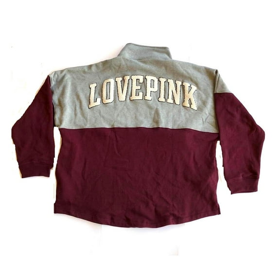 Victoria's Secret Pink Half Zip Colorblock Pullover Sweatshirt Gray Maroon Logo Size Medium New
