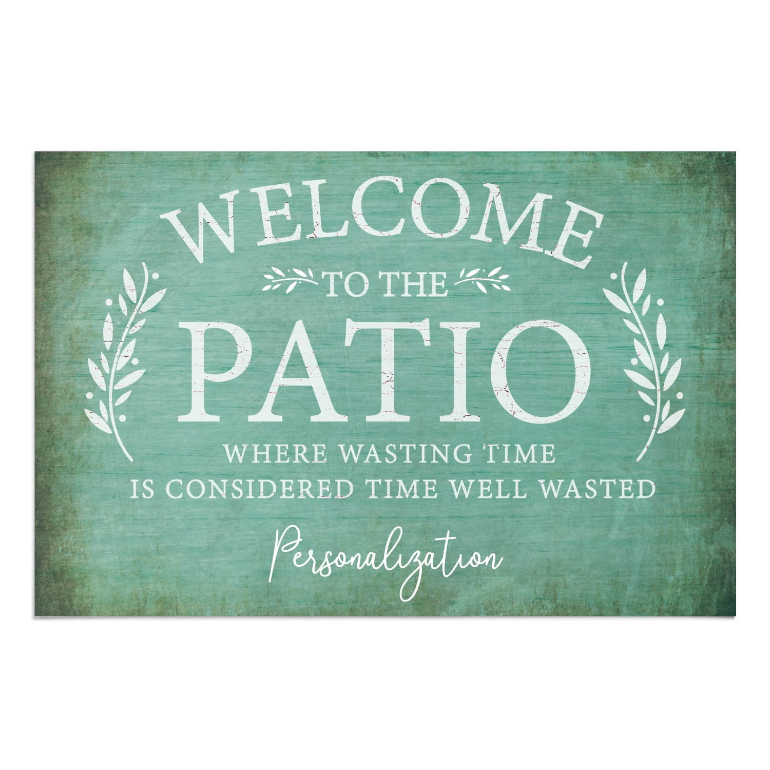 Personalized Planet 27x18 Welcome To The Patio Where Wasting Time is Considered Time Well Wasted Doormat with Custom Name Printed on Blue Rectangular 1/4” Thick Non Slip Mat