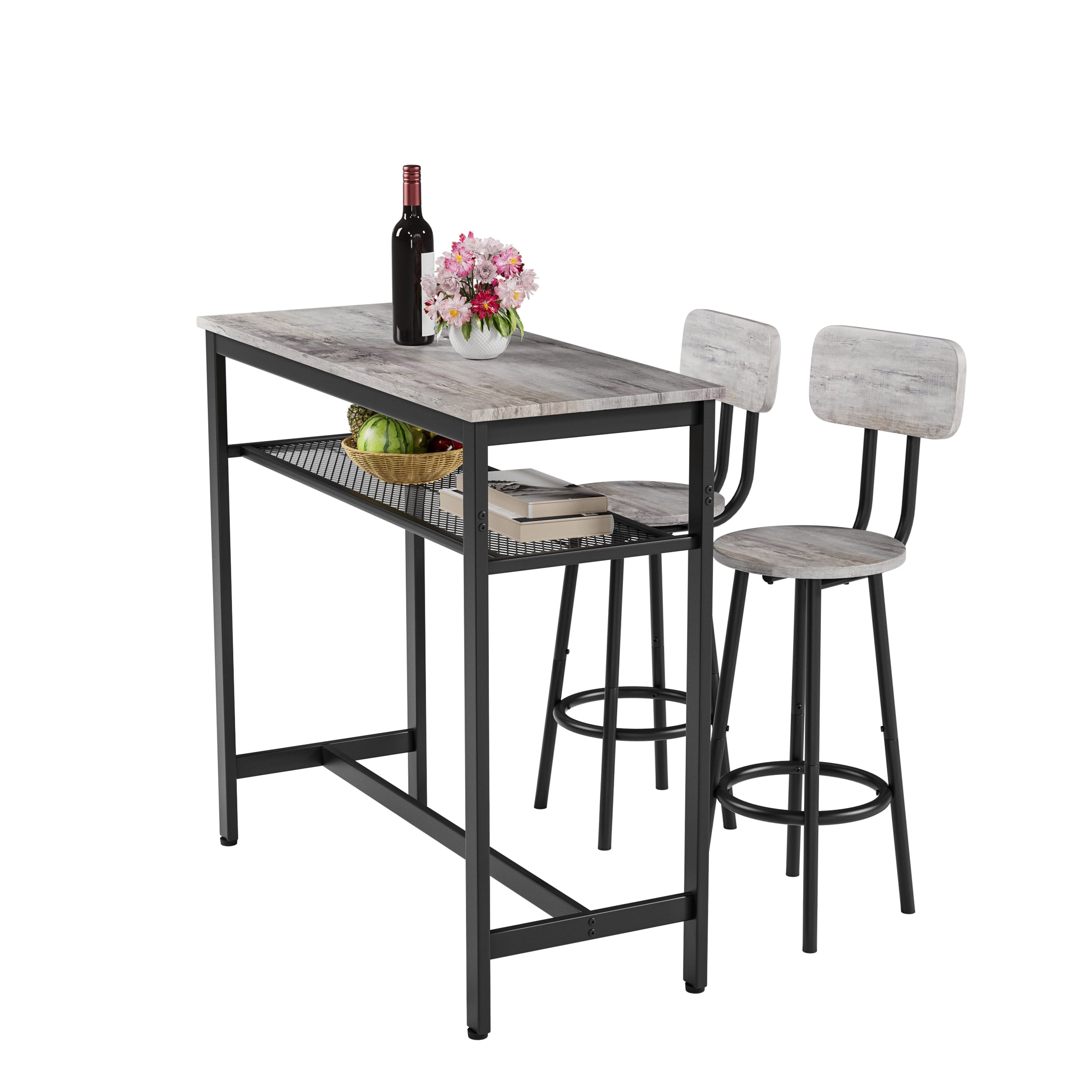 3-Piece Bar Table Set,Bistro Kitchen Table Sets with Metal Frame & Storage Rack,Modern Counter Height Table with 2 Stools for Kitchen, Dining Room, Living Room,