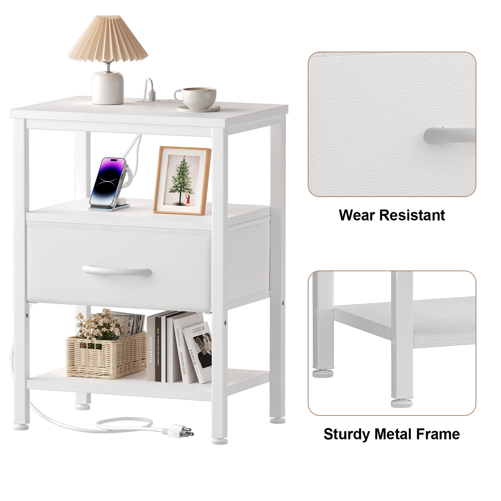 Beddle Nightstand with Charging Station, LED Bedside Table with 1 Fabric Drawer, 3-Tier End Table for Bedroom, Living Room, White