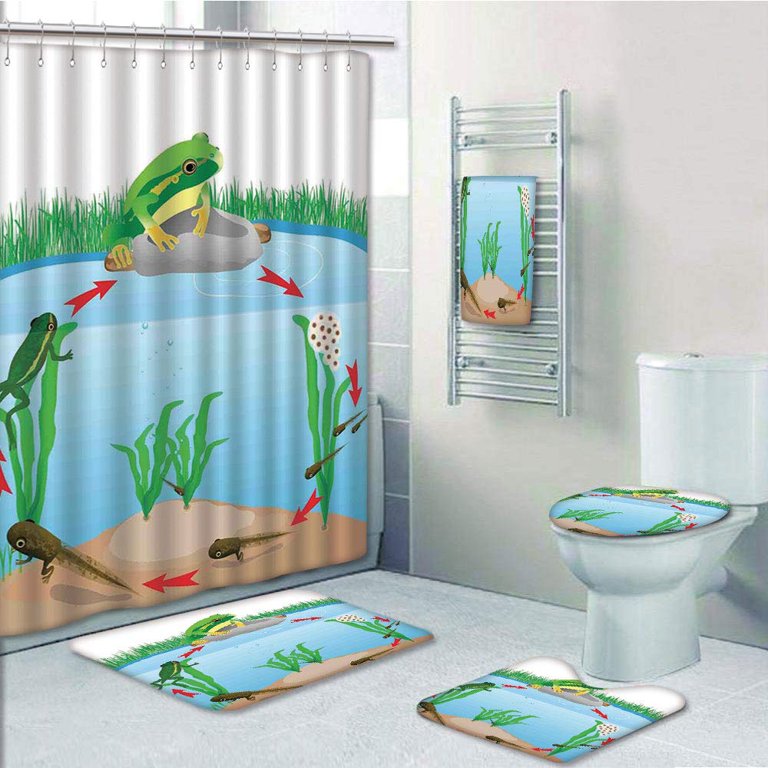 Frog Shower Curtain Bathroom Rug Set Thick Non-Slip Bath Mat Toilet Lid  Cover