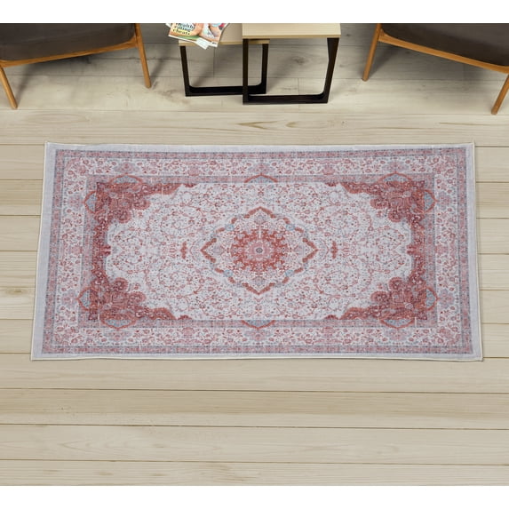 Vintage Decorative Rug, Oriental Design Curlicue Swirly Motives with Retro Details Victorian Art, Quality Carpet for Bedroom Dorm and Living Room, 6 Sizes, Burnt Orange Sky Blue, by Ambesonne