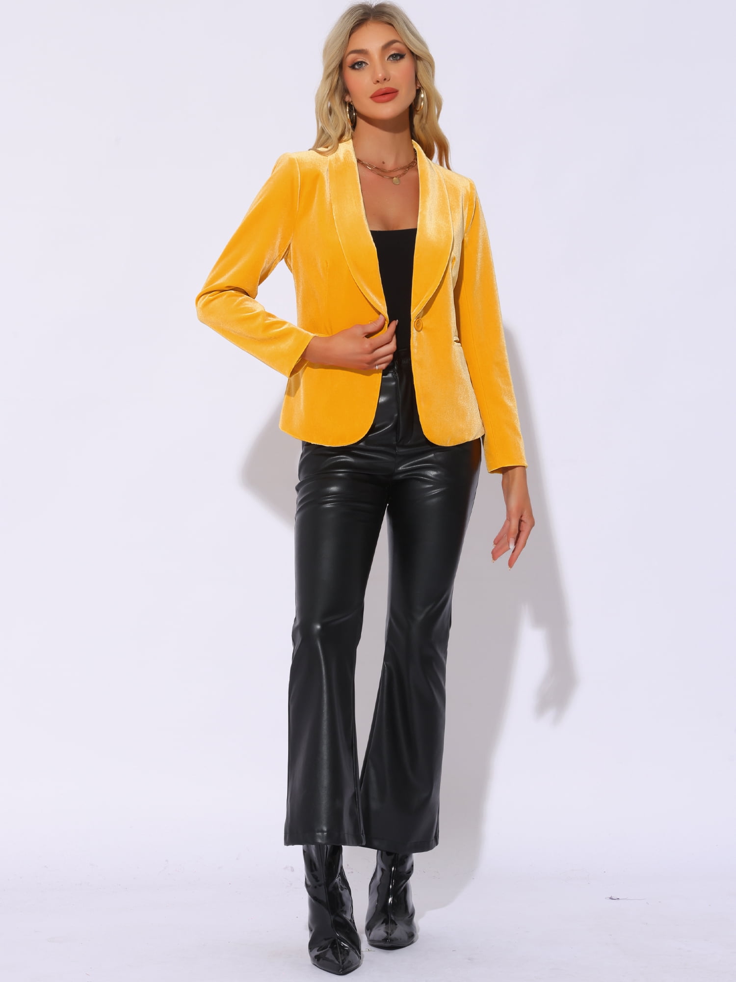 DARING DIVA Women's Velvet Office Coat Solid Shawl Collar Blazer S Yellow