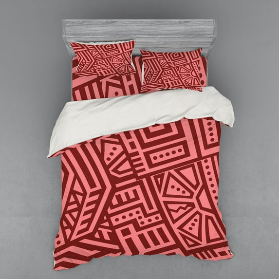 Geometric Duvet Cover Set, Style Geometric Shapes in Pastel Colors Angled Lines and Dots Bohemian, Bedding Set with Shams and Fitted Sheet, 3 Sizes, by Ambesonne