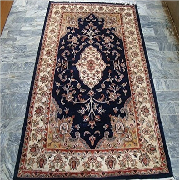 Ahmedani Linen Mid Night Blue Ivory Touch Flowers Rectangle Home Decor Living Room & Bedroom Area Rug Hand Knotted Wool Silk Carpet (6 X 4)'