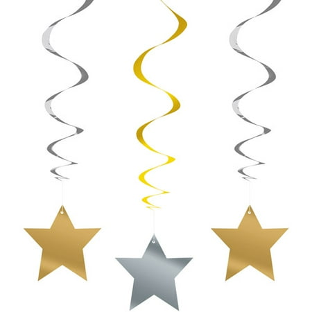 - Gold and Silver Star Hanging Decorations, 26in, 3ct