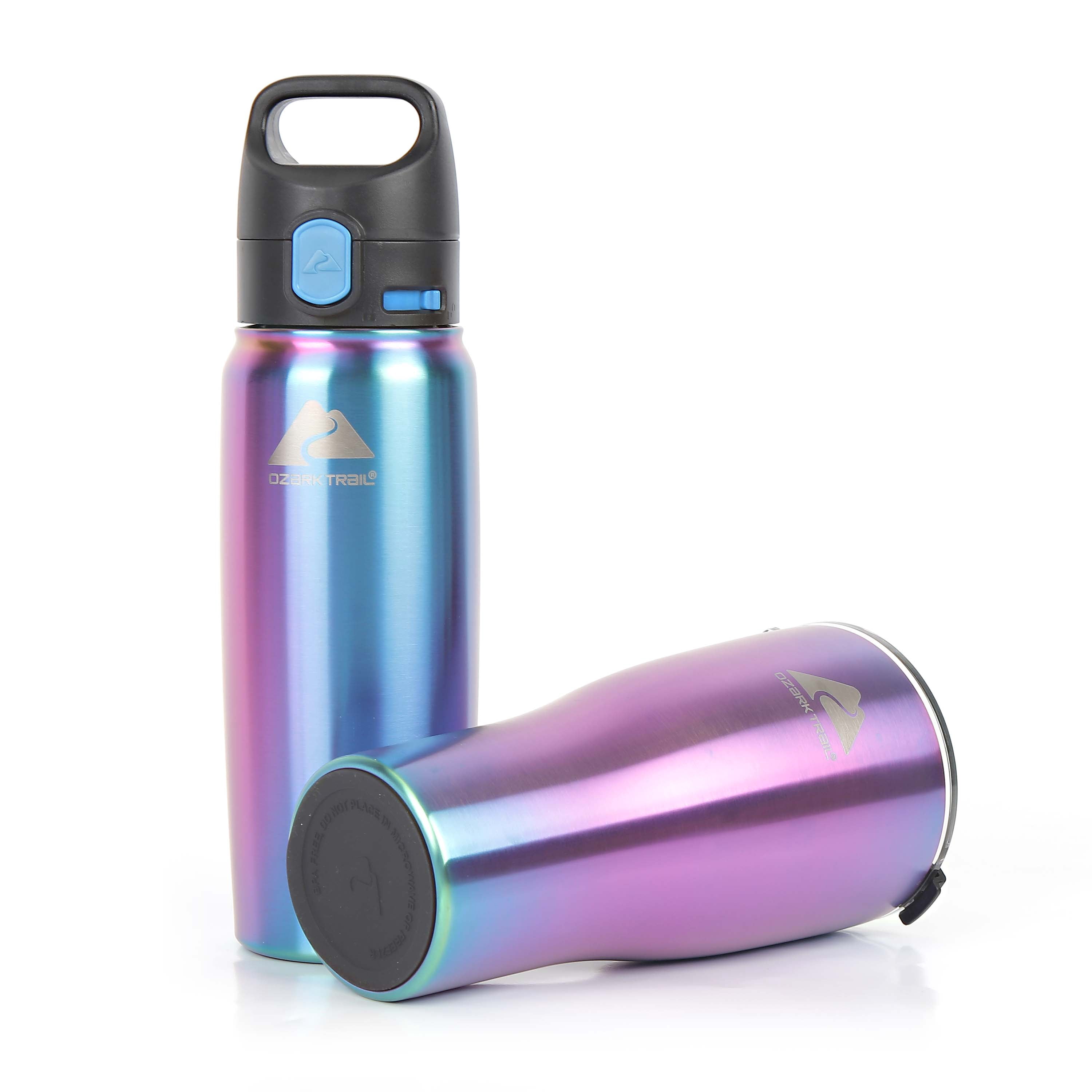 Ozark Trail 2 Pack Stainless Steel 32 oz Tumbler and 24 oz Travel Bottle Combo, Iridescent Blue