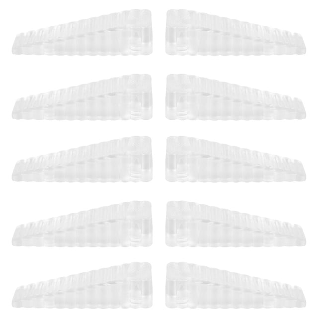 10 topes de puerta móviles de plástico para puerta transparentes, vista frontal con diez cuñas en fila, forma de cuña escalonada en PVC visible, tamaño 6,2 x 2 x 1,5 cm, diseñadas para evitar que la puerta se mueva y proteger dedos; suelen usarse en el hogar, ferretería para el hogar y oficinas.