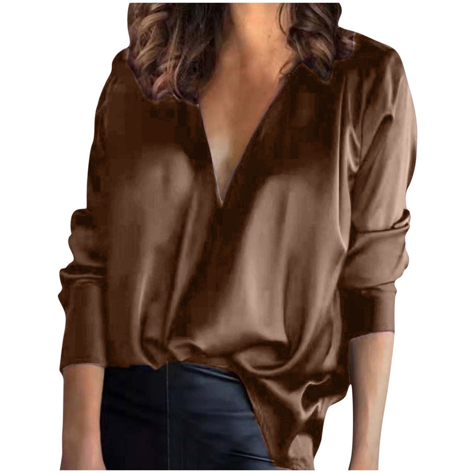 IROINID Discount Womens Long Sleeve V-Neck Shirts Satin Socket
