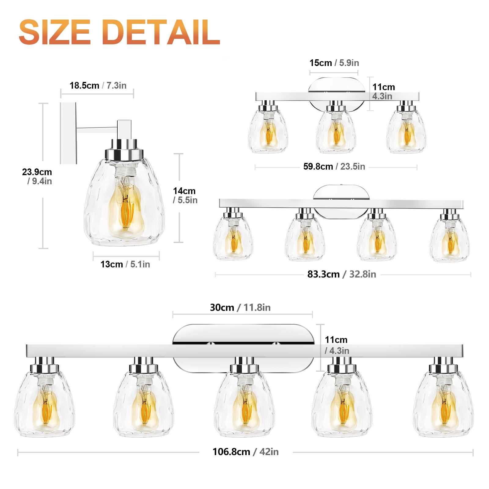3/4/5/6 Light Bathroom Light Fixtures, Chrome Vanity Light Fixtures Over Mirror Wall Mount Lighting Fixture with Hammered Glass Shade E26 Socket for Hallway Kitchen Bedroom Living Room