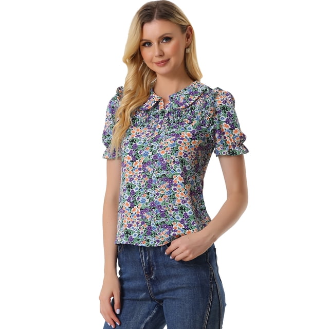Blusa De Manga Corta Con Volantes Y Cuello Peter Pan Floral Para Mujer Negro Morado S