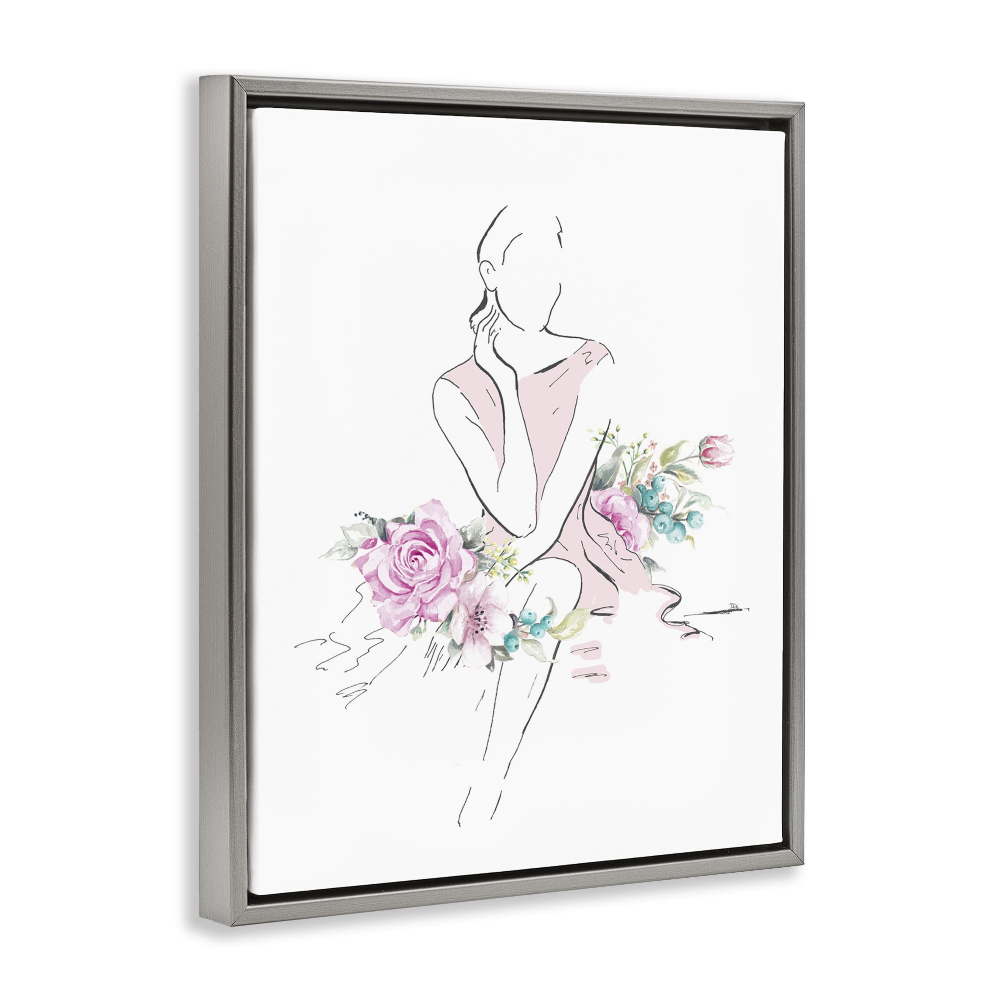 Stupell Industries Soft Floral Fashion Novelty Painting Gray Floater Framed Art Print Wall Art, 17 x 21