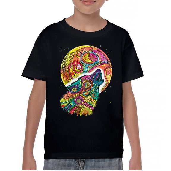 Tee Hunt Howling Wolf and Moon Youth T-Shirt Dean Russo Colorful Wild Life Kids, Black, X-Large