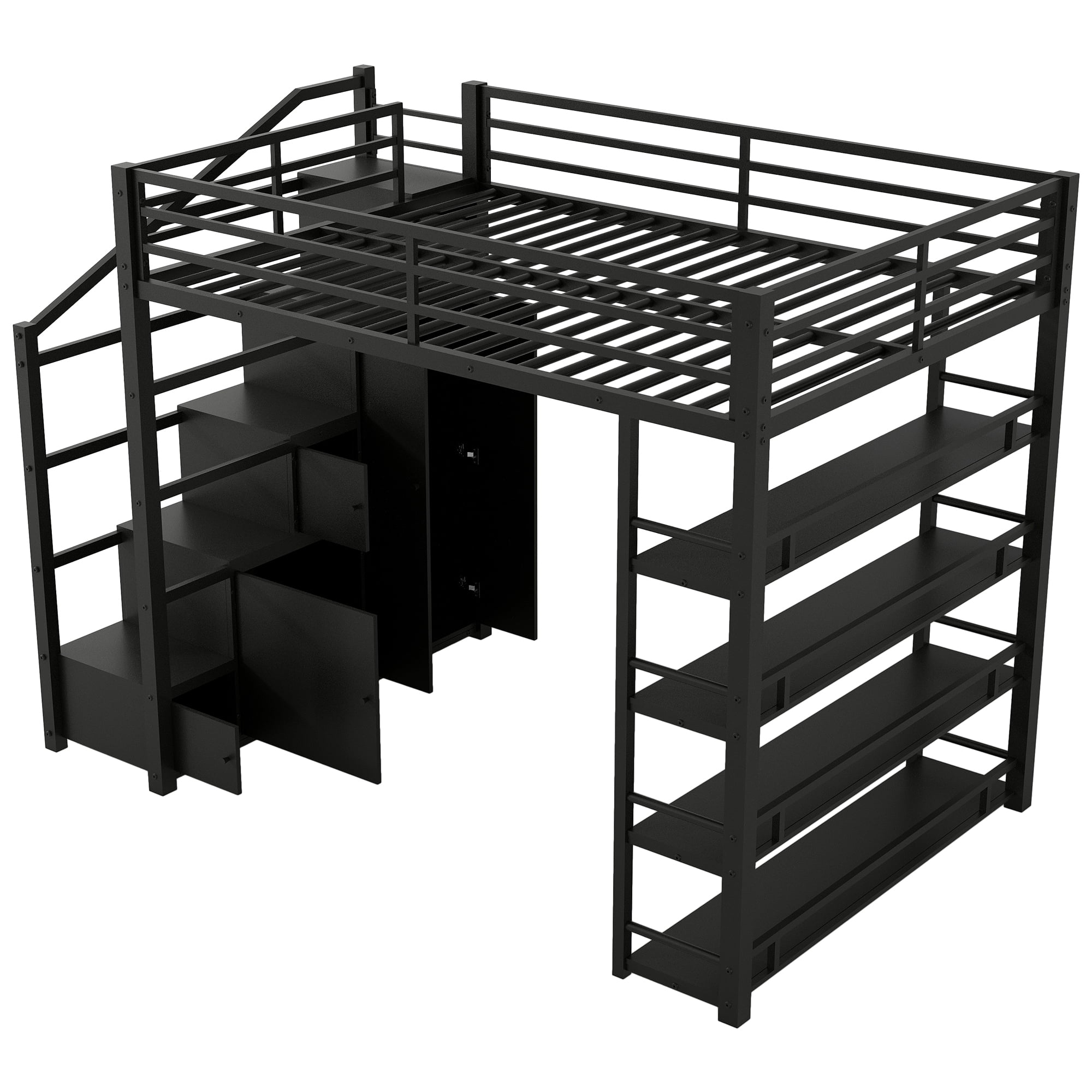 Euroco Full Size Metal Loft Bed with Storage Shelves and Cabinets, Open Wardrobe and Staircase, Black