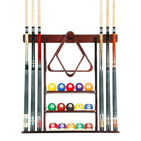 Wall Cue Rack Clip - Cue Rack Only- 6 Pool Billiard Stick + Ball Set Wall Rack Holder Mahogany Finish