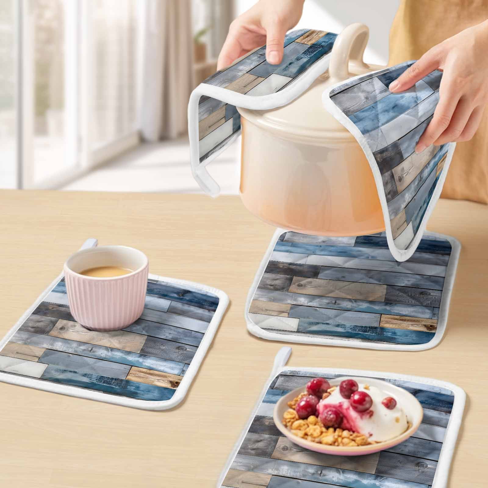 Blue Wooden Grain Pot Holders for Kitchen Heatproof Potholder, 4 Pack Farmhouse Country Abstract Art Hot Pads Multipurpose Oven Pads Cloth Potholders Trivet for Cooking and Baking