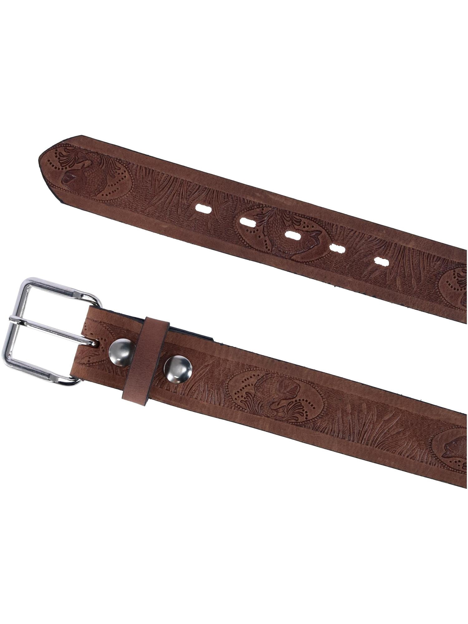 Size 40 Mens Leather Fish Embossed Bridle Belt, Brown 