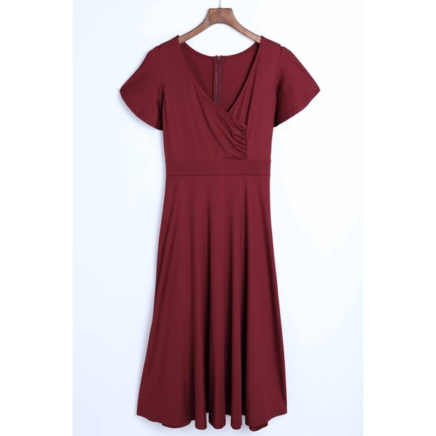 ABPHQTO Vestido a media pierna con cuello en V y mangas con volantes rojos para mujer