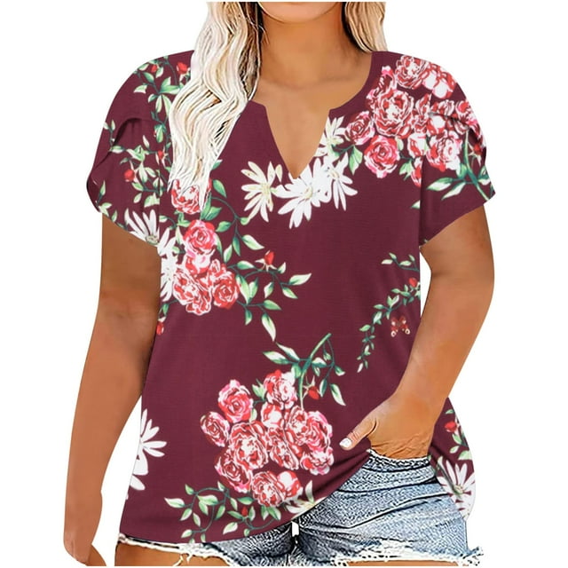 Birdeem T-Shirts Imprimés Décontractés pour Femmes, Manches Courtes, Coupe Ample, Grande Taille, Hauts Tee, Tunique à Col en V