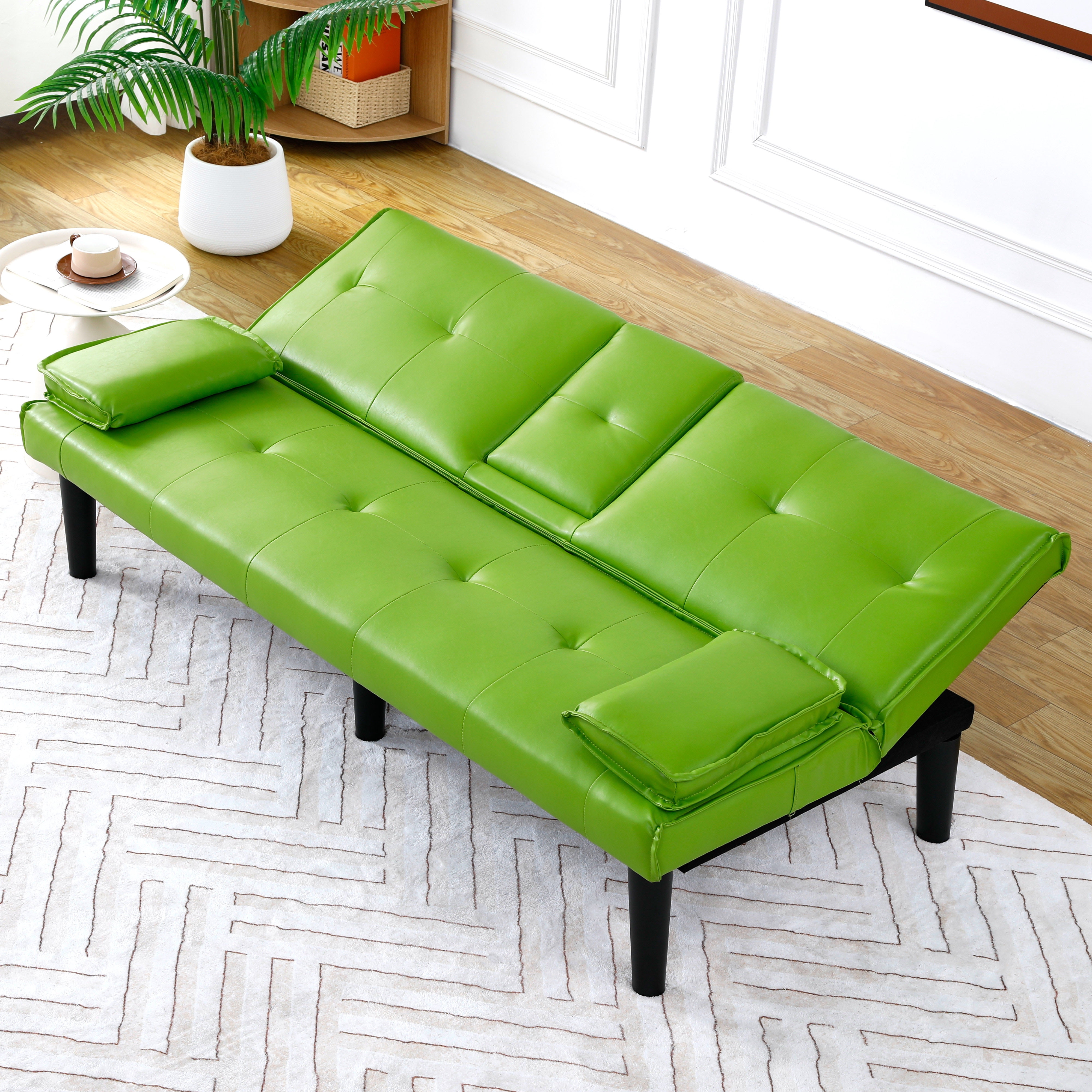 67 inch Futon Sofa Bed Faux Leather Couch Modern Convertible Folding Recliner with 2 Cup Holders for Living Room,Bedroom,Green