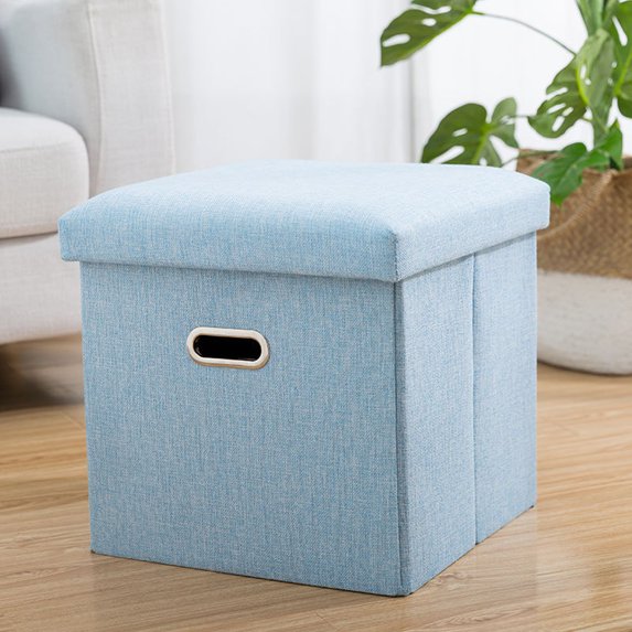 Folding Storage Ottoman Cube 12'' Linen Foot Rest Stool Pouffe Lounge Storage Seat Storage Box Hollow Design Padded with Memory Foam Lid, Collapsible Versatile Storage Box Organizer for Space Saving