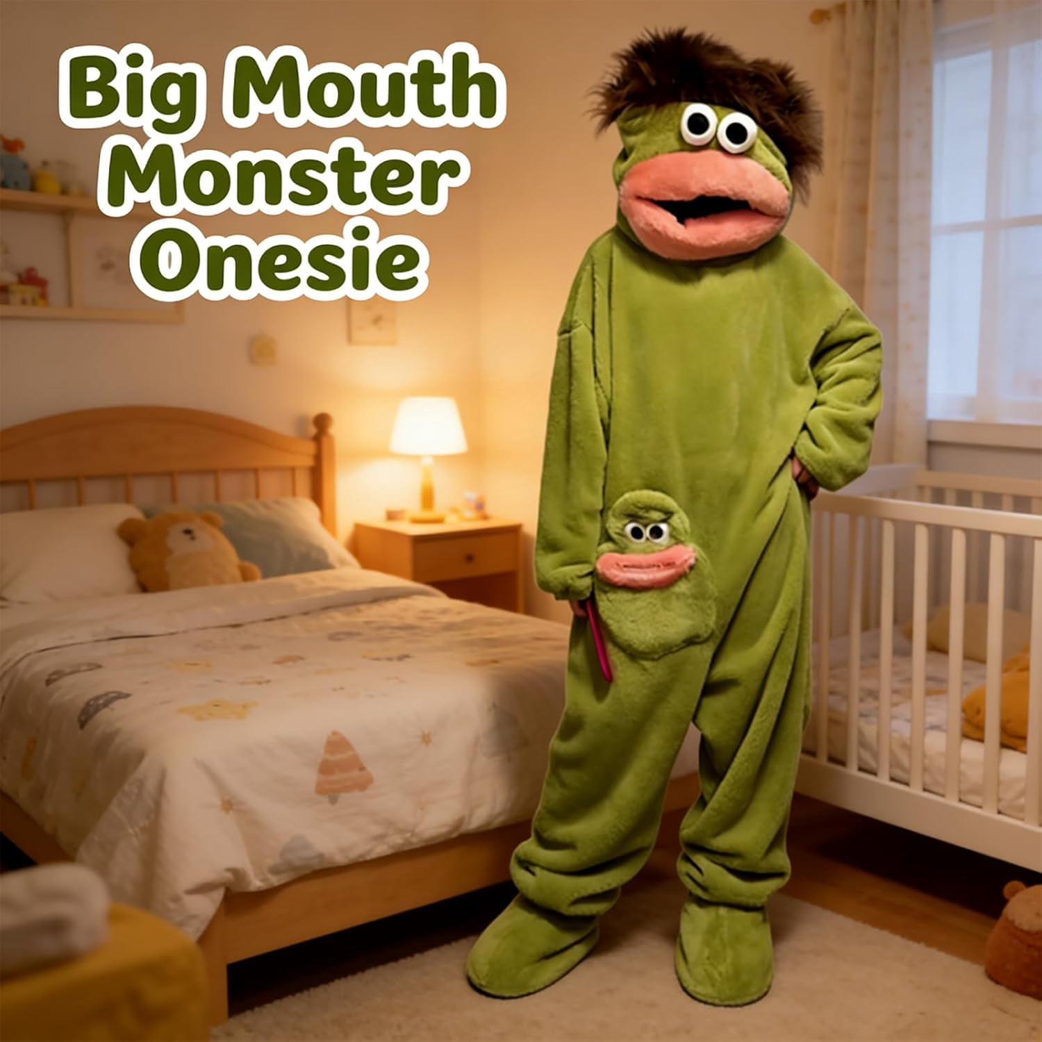 Monster Onesie, Big Mouth Monster Onesie, Green Plush Monster Onesie Pajamas, With Soft Fabric, Long Sleeves Soft Plush Loungewear