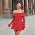thumbnail image 4 of Women Mini Dress Off Shoulder Long Sleeve A Line Dress Short Formal Dresses Party Clubwear Red S, 4 of 5