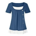 thumbnail image 3 of QLEICOM Women's Casual Short Sleeve Henley Crewneck Loose Fit Pleated Tunic Shirt Blouse Tops Fake Two Pieces Pleated Button T-Shirt Blue M, US Size:6, 3 of 5