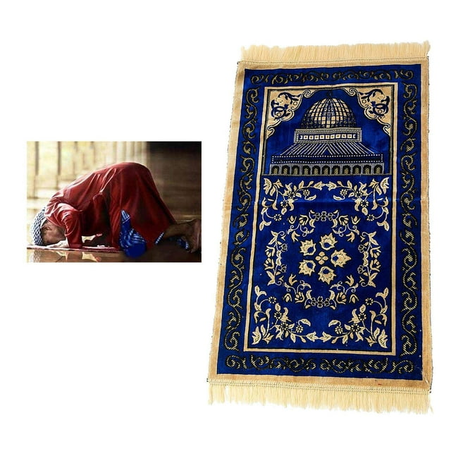 Muslim Prayer Rug Eid Embroidery Tapestry thick rugs Carpet Non-Slip Mat Blue