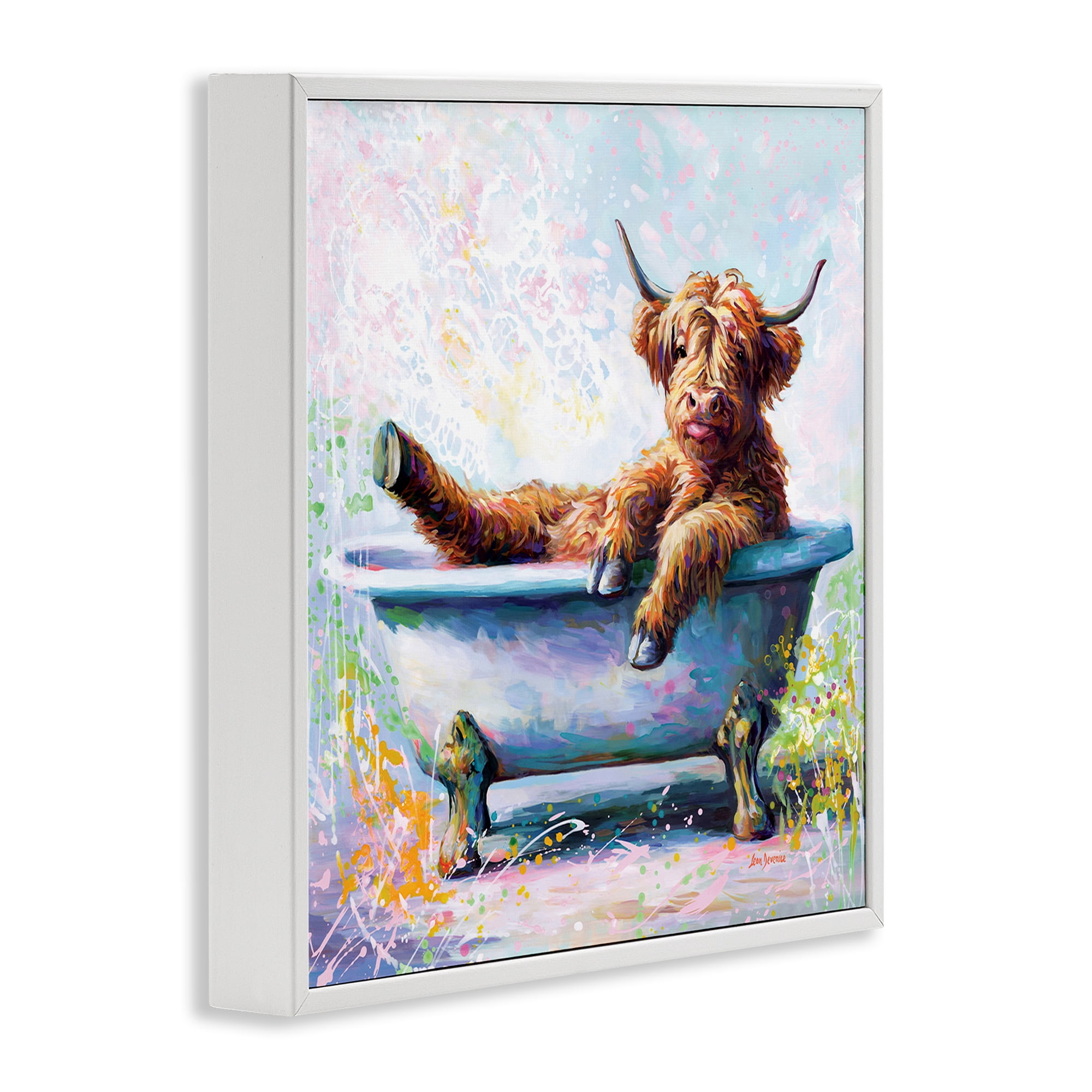 Stupell Industries Splashing Baby Cow Typography Painting White Framed Art Print Wall Art, 24 x 24