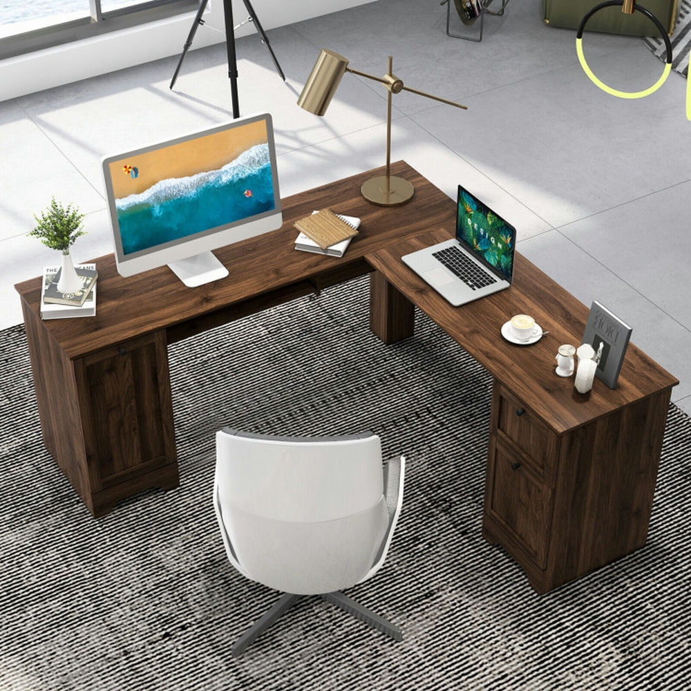 Demi Bonn L-Shaped Office Desk with Storage Drawers and Keyboard Tray, Small Home Computer Desk Study Writing Table, Walnut
