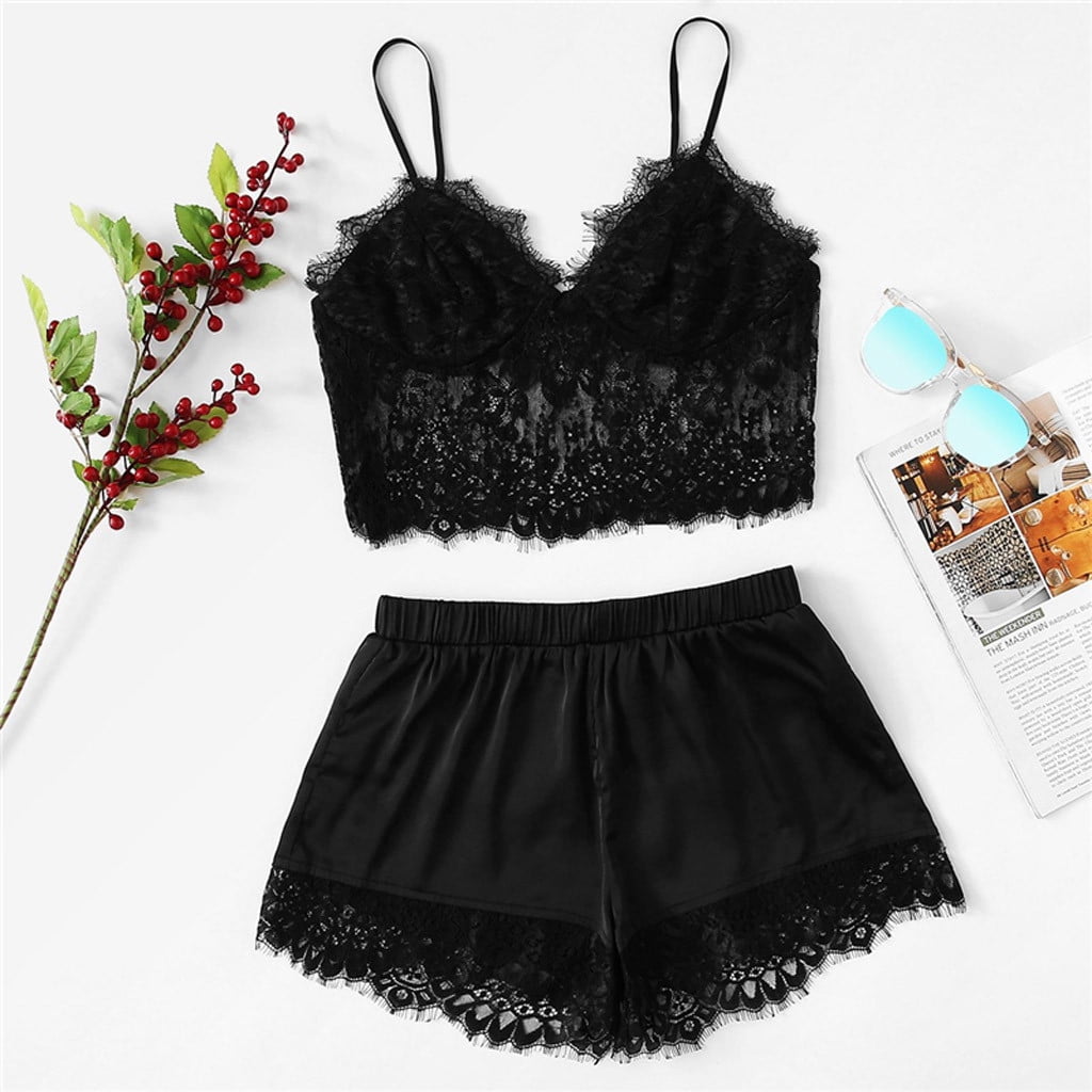 Bras for Women Sexy Lingerie for Women Womens Sexy Large Size Sling Sleepwear  Lingerie Lace Nightwear Underwear Set Strapless Bra Lingerie Set on Black,L  