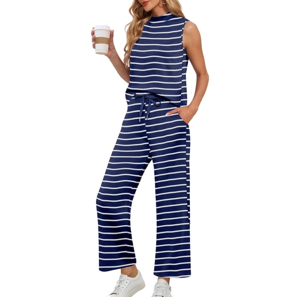 Conjunto de dos piezas Lepunuo para mujer, vestido de cuello alto con rayas de verano