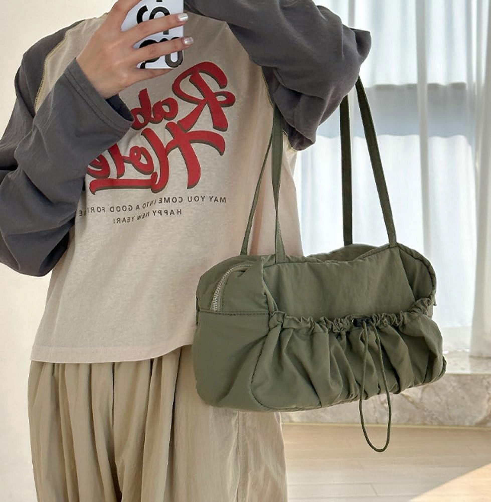 Zhengup Nylon Hobo Bag for Women Shoulder Bag Purse Large Capacity Totes Handbag Drawstring Pleated Top Handle Bag