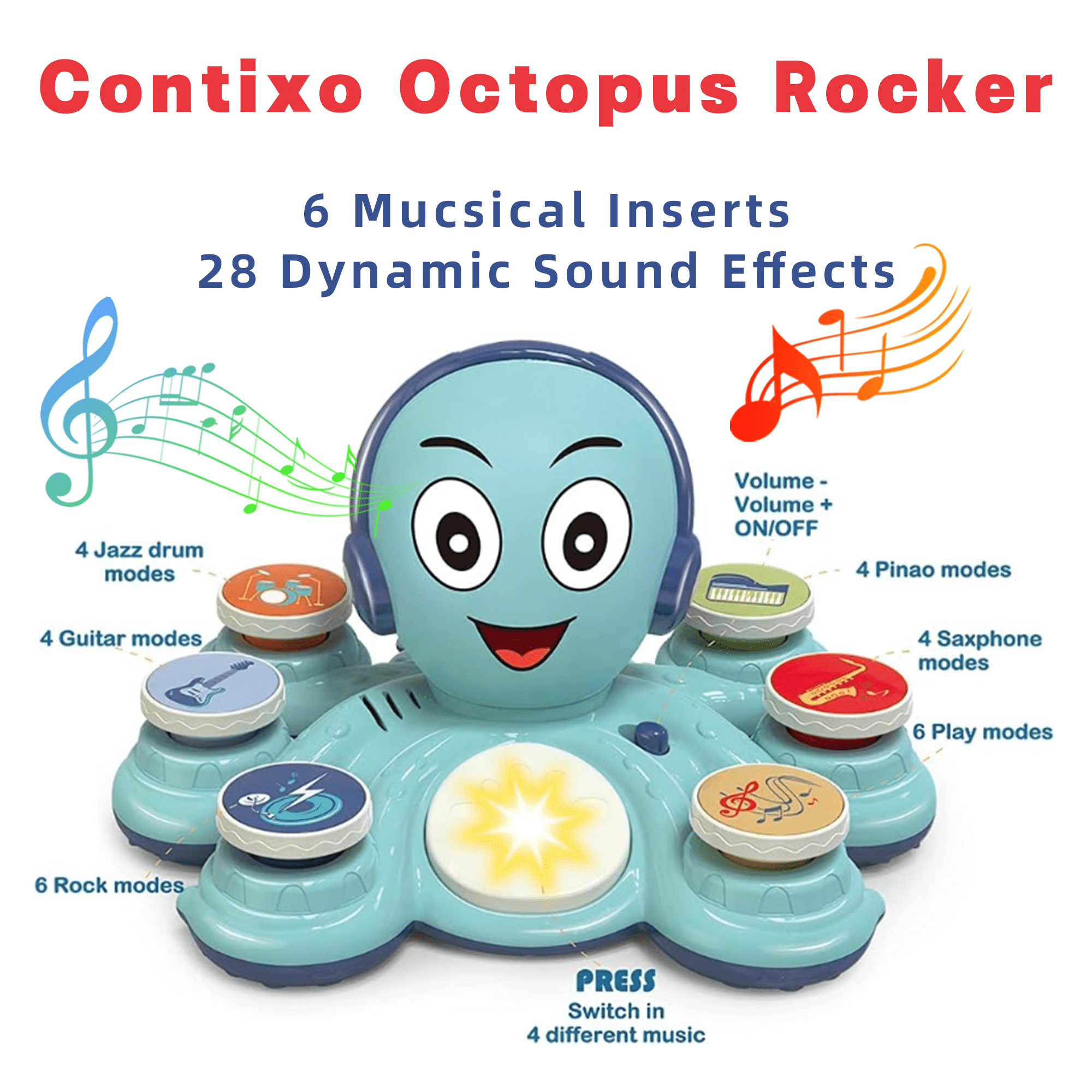 Contixo Octopus Keyboard Piano Toy, Battery-Powered Piano for Kids with Lights and Sounds, 6 Playback Modes, Blue