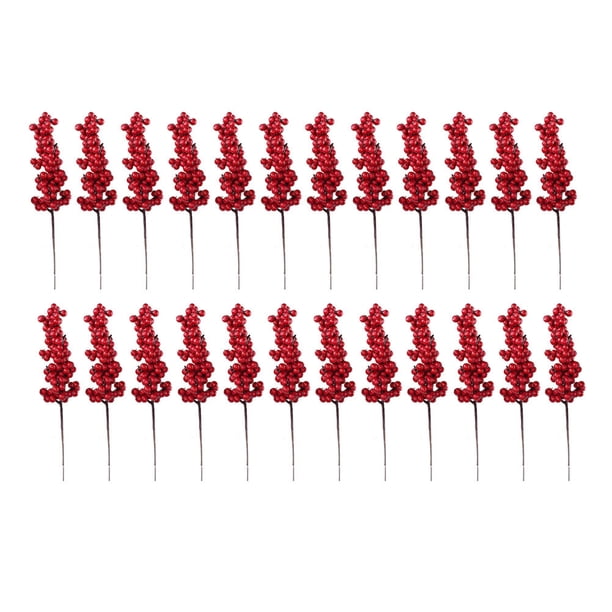 24pcs Red Berry Tallos Falso Bayas Rojas Red-Bayas Tallos Decoración de árbol de Navidad